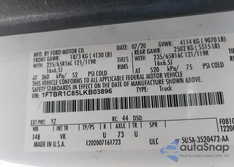 2020 Ford Transit-250 z USA, uszkodzony, nr VIN 1FTBR1C85LKB03896